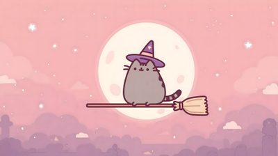 a cartoon cat sitting on top of a broom Halloween Pusheen Pusheen Ipad, Desktop Pusheen Halloween, Pusheen Autumn Desktop, light pink