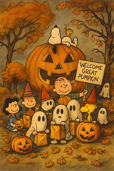 a painting of peanuts and jack - o'- lanterns with a sign that says welcome to great pumpkin Peanuts Halloween With Pumpkins Vintage Halloween Images, Snoopy Great Pumpkin, Charlie Brown, sienna