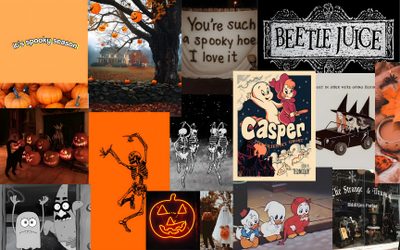 a collage of halloween images with pumpkins Cute Aesthetic Halloween For Computer Spooky Season Aesthetic Macbook, Macbook Air Halloween, Spooky Season Laptop, sienna