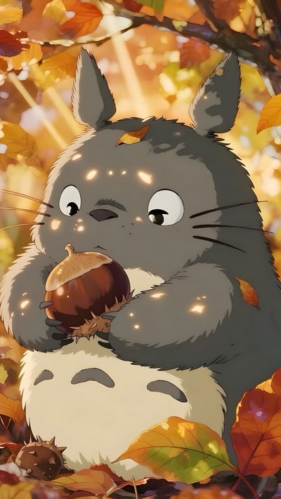 a cartoon character holding an acorn in the leaves Totoro Halloween Totoro Art, Ghibli Artwork, Witchy, Pola Amigurumi, Cartoon Painting, sienna