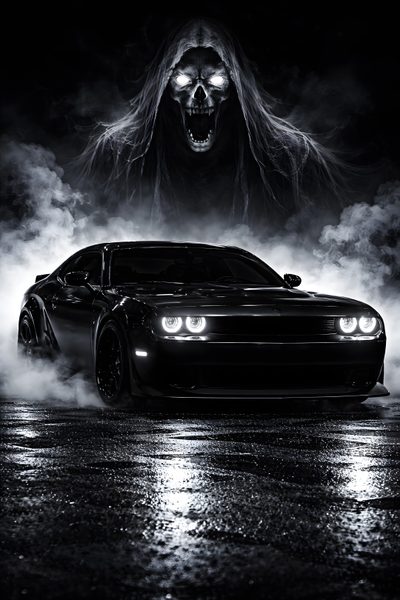 a black and white photo of a car in the fog with a demon face on it Halloween Hellcat Hellcat Demon 170, Challenger Demon, Dodge Challenger Srt Demon, Dodge Charger, black