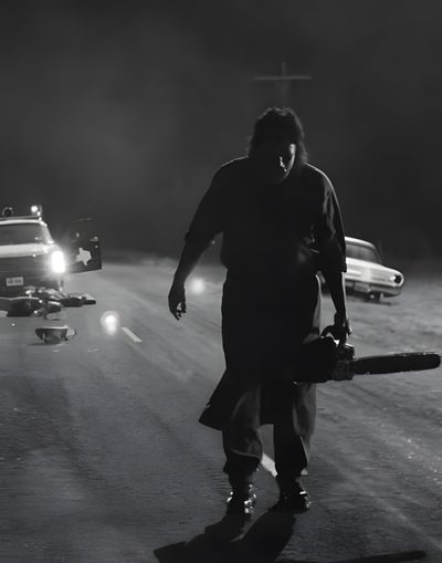 a man holding a chainsaw on the side of a road Halloween 2007 Jason Voorhees Gifs, Thomas Hewitt Icons, Leather Face, Thomas Hewitt 2003, dark slate gray