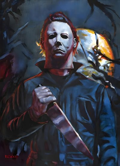 a painting of a man holding a knife Halloween 1978 Michael Myers Mike Myers Pumpkin Painting, Michael Myers Cartoon Drawing, Drawings Of Michael Myers, dark slate gray