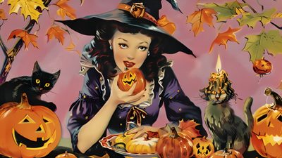 a painting of a woman with pumpkins and cats High Resolution Vintage Halloween Halloween Screensavers Laptop, Halloween Horizontal, Cute Halloween Laptop, peru