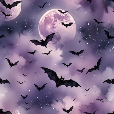bats flying in the sky at night with full moon and stars behind them, all on purple clouds Halloween Bat Moon Purple Large Bat With Pink Moon Background, Bats In Flight Pastel Purple, Purple Bats And Stars, gray