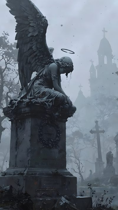 an angel statue sitting in the middle of a cemetery Gothic Halloween All Gray Grey By Angel Gothic Night, Stone Angel, Grave Statues, Gothic Landscape,