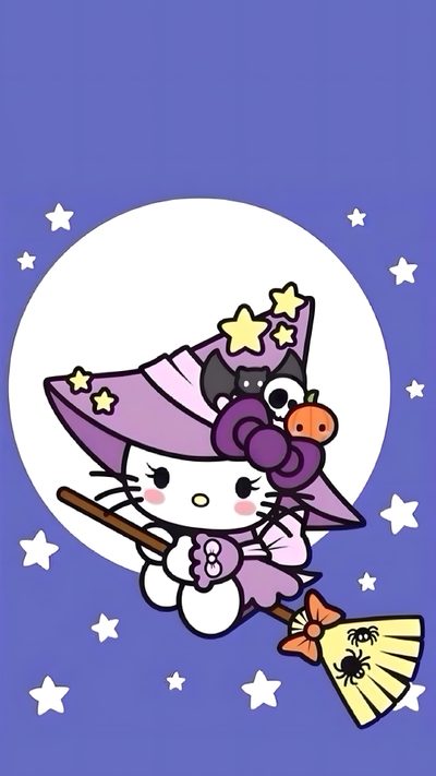 a hello kitty with a witch hat and broom flying in the air over stars on a purple background Halloween With Hello Kitty In A Hat Hello Kitty Temu Icon, Hello Kitty Kuromi Halloween, Hello Kitty And Friends Halloween, slate blue
