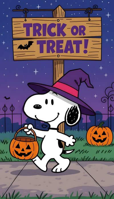 a cartoon dog wearing a witches hat and holding a trick or treat sign Happy Halloween Snoopy Halloween Cute Halloween Snoopy, Peanuts Halloween, Snoopy Halloween Iphone, dark slate blue