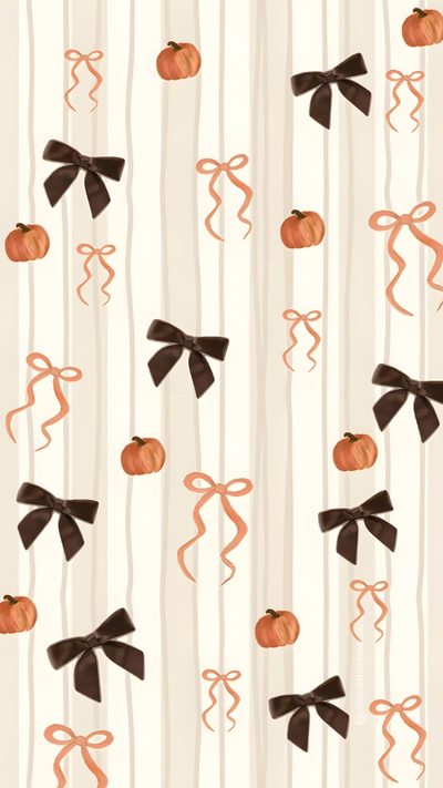 an orange and black bow tie with pumpkins on white striped background, seamless Preppy Bow Halloween Summer Prints, Autumn Phone, October, Iphone Preppy, antique white