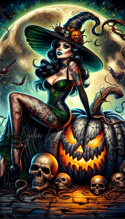 a woman sitting on top of a pumpkin in front of a full moon with skulls Halloween Pin Up Witch Halloween, Halloween Quotes, Halloween Witch Pictures, dark slate gray