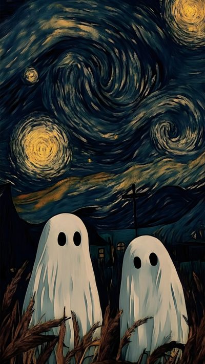 two white ghost standing in front of a starry night Halloween Starry Night Hippie Painting, Arte Van Gogh, Witchy, Funny Phone, Halloween Painting, black
