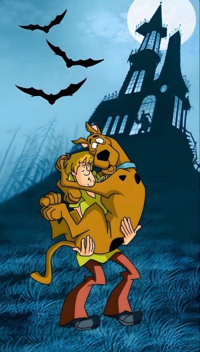 scooby and shaggy hugging in front of a spooky castle with bats flying overhead Scooby Doo Halloween Iphone Shaggy And Scooby, Scooby Doo And Shaggy, Scooby Doo 4k Iphone, dark slate gray