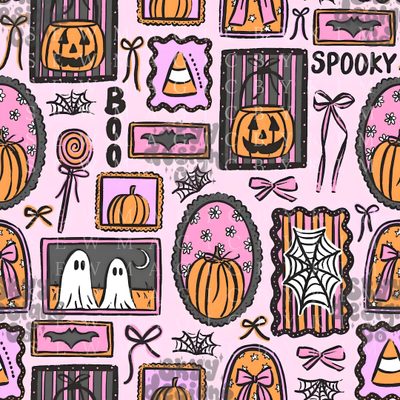 a halloween themed wallpaper with pumpkins, ghost and other decorations on it's pink background Cute Halloween For Car Seat Spooky Pattern, Cute Halloween Pattern Design, Cute Spooky Halloween Pattern, tan