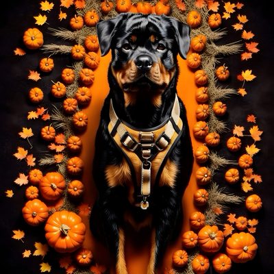 a black and brown dog wearing a harness surrounded by pumpkins on a black background Halloween Rottweiler Cute Rottweiler Background, Cool Rottweiler, Rottweiler Autumn Photo, black