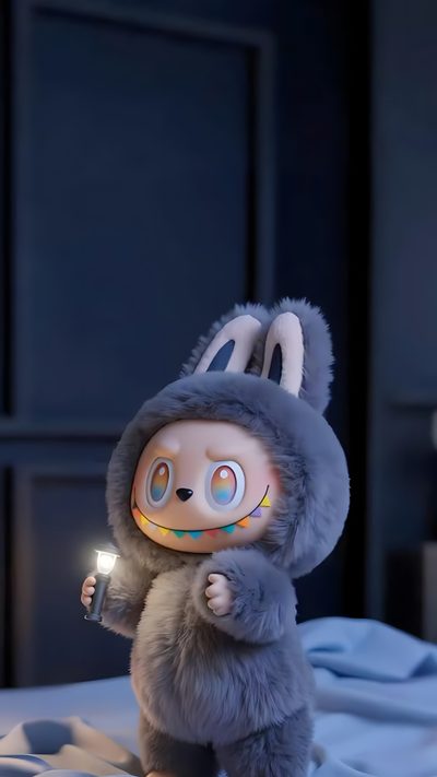 a stuffed animal is holding a light in it's hand while standing on top of a bed Halloween Labubu Labubu Dynamic, Cute Labubu, Labubu Doll Hd 4k, Labubu 4k, Labubu 4k Iphone, dark slate gray