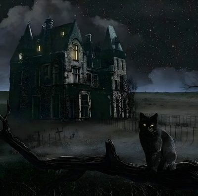 a black cat sitting on top of a tree branch in front of a creepy house Vintage Halloween- Bobcats Castle Haunted Cat, Gothic Cat Background, Scary House Cat, black
