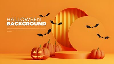 halloween background with pumpkins and bats on an orange background, 3d illustration stock photo Halloween Podium Halloween Podium, Orange Podium Background, Orange Background Podium Display, goldenrod