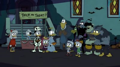 several cartoon characters are standing in front of a trick or treat sign at halloween time Ducktales Ghosts Of Halloween Ducktales Halloween, Santiago, Duck Tales, Alien Logo, dark slate gray