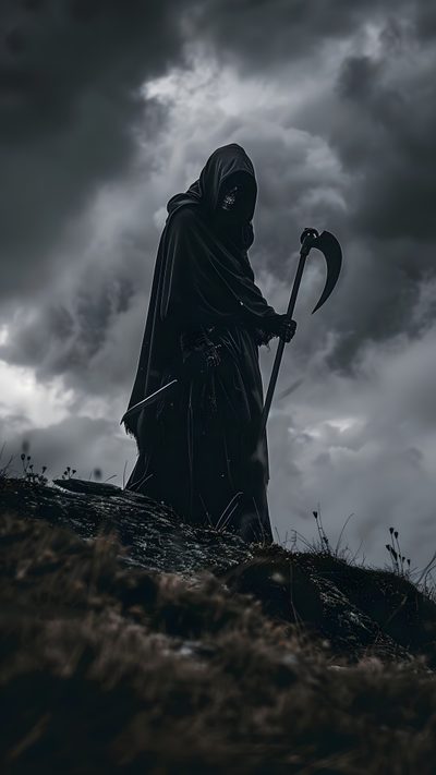 a man with a scythe standing on top of a hill under a cloudy sky Grim Reaper Halloween Grim Rapper, Chasa Reaper, The Grimm Reaper, Grim Reaper Background, dark slate gray