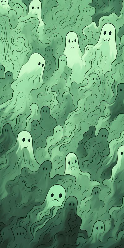 an abstract painting with green and black swirls on the bottom, while two white ghost faces appear to be floating in the air Halloween Green Bd Pop Art, Halloween Iphone Backgrounds, Halloween Backgrounds,