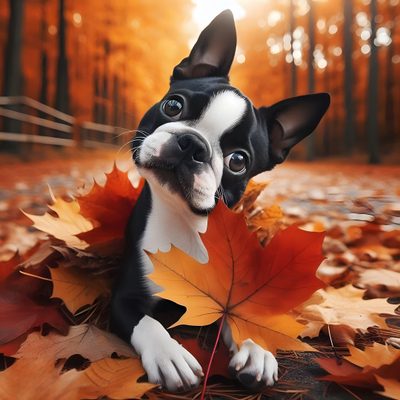 a small black and white dog laying on top of leaves Halloween Boston Terrier Cute Boston Terrier Pictures, Halloween Boston Terrier, Boston Terrier Halloween Background, sienna