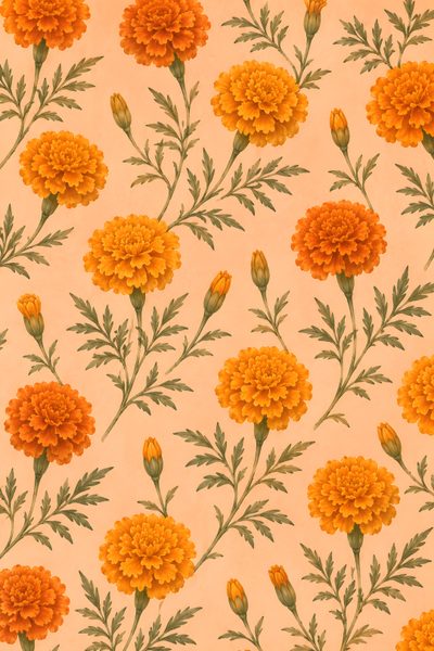 an orange and yellow flower pattern on a beige background Halloween Marigold Marigold Mood Board, Marigold, Mexican, Marigolds, Marigold Aesthetic, Mexico, burlywood