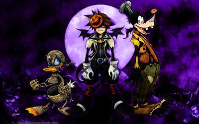 three cartoon characters standing in front of a full moon Sora Halloween Town 1920x1080 Halloween Town, Halloween Sora Kingdom Hearts, Sora Halloween Town Costume, black