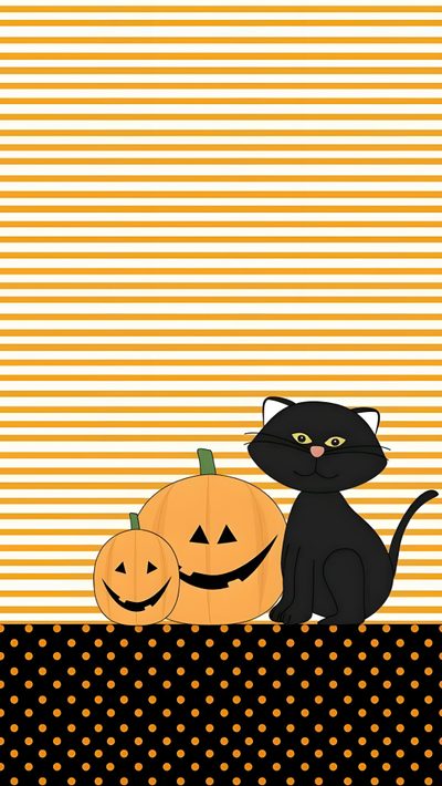 a black cat sitting next to two jack - o'- lantern pumpkins on a striped background Halloween Cat Stripes Halloween Free, Candy Corn Cat, Free Halloween Backgrounds, sandy brown