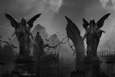 three statues in front of a cemetery with bats flying over them and mountains behind them Gothic Halloween All Gray Grey By Angel Ipad Gothic, Laptop Scary, Pc Goth, 1336x768,