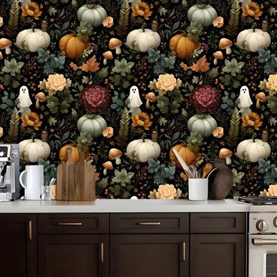 a kitchen wall with pumpkins and leaves on it Halloween Kitchen Renter Friendly, Contact Paper, Accent, Kitchen Wall Decor, dark slate gray