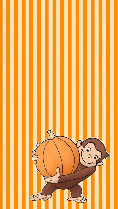 a monkey holding a pumpkin on top of it's back with stripes in the background Halloween Monkey Monkey, Preppy, Curious George, Cute, Halloween, sandy brown