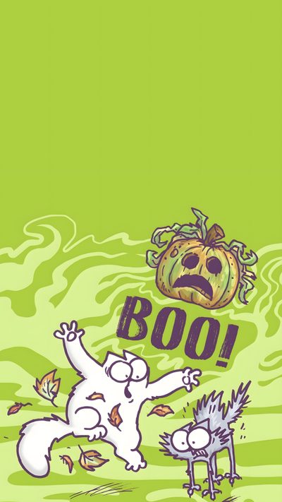 an image of a cartoon character with the word boo on it's back ground Simons Cat Halloween Hd Simons Cat Iphone, Simon's Cat, Halloween Cat Lockscreen, yellow green