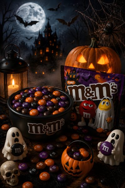 halloween candy and decorations on a table in front of a full moon with pumpkins Halloween Candy Halloween, black