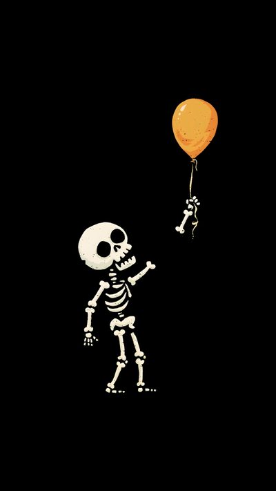 a skeleton holding onto an orange balloon in the dark Cute Halloween Skeleton Skeleton Coco, Halloween Cartoon Black Background, Iphone Emoji Skeleton,