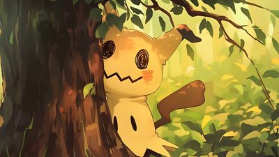 a cartoon character leaning up against a tree in the forest with leaves on it's branches Halloween Mimikyu Mimikyu Fanart, Mimikyu Pokemon Art, Mimikyu Hd, Mimikyu Pc, Mimikyu 4k Pc, dark olive green