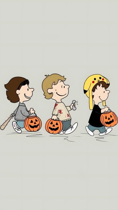 three children with pumpkins walking down the street, one boy is holding a bat Sturniolo Halloween Charlie Brown, Green Gang, Grunge Posters, Peanuts Cartoon, Young Celebrities, light gray