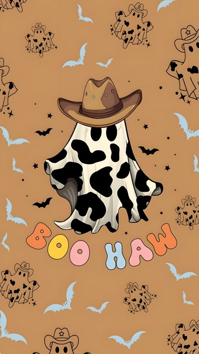 a cow wearing a cowboy hat with bats around it and the words boo hoo Western Halloween Country Halloween Backgrounds, Cowgirl Halloween, Cow Ghost, Howdy Fall, Boo Haw, peru