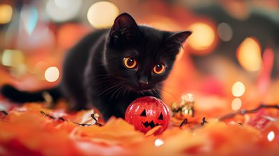 a black cat with orange eyes is next to a red ornament on the ground Halloween Kitten Hd Cute Halloween Cat Background, Halloween Black Cat Background, Black Cat And Pumpkin Hd, indian red