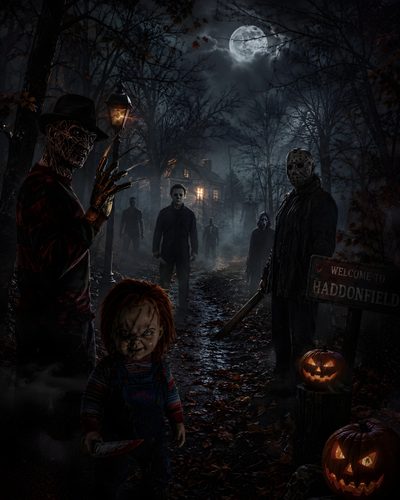 a group of people standing in the woods at night with scary faces on their heads Halloween Killers Horror Screen, Halloween Michael Myers, Michael Myers Halloween, Michael Myers, black