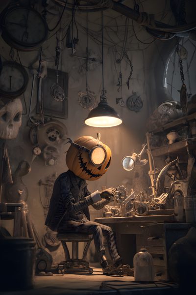 a person sitting in a chair with a pumpkin on his head and some clocks hanging from the ceiling Halloween Steampunk Surreal Halloween Art, Pumpkin People, Halloween Fantasy Art Dark, dark slate gray