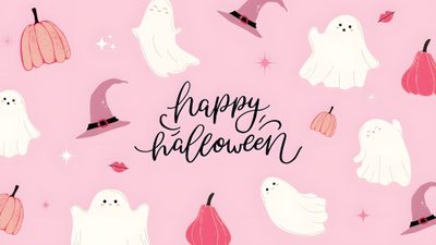 a pink background with white ghost, pumpkins and bats in the center that says happy halloween Happy Halloween Pink Free Halloween, Halloween, Halloween Desktop, Iphone Background Quote, misty rose