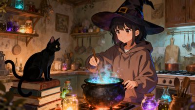 a woman in a witches hat stirring a pot with a black cat sitting on top of it Anime Halloween Desktop Witch House Background For Discord, Witch House Anime, Witch Aesthetic Desktop Hd, dark olive green