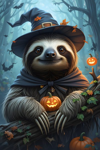 a slotty wearing a witches hat and holding a branch with pumpkins on it Halloween Sloth Thanksgiving Sloth, Fall Sloth, Halloween Animal Pictures, dark slate gray
