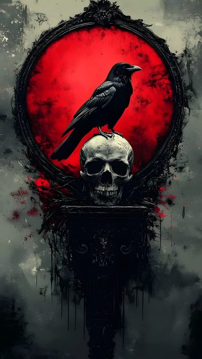 a black crow sitting on top of a skull in front of a red circle with blood Halloween Skull Iphone Raven Skull, Gothic Raven Iphone, Raven And Skull, Scary Raven, dark slate gray