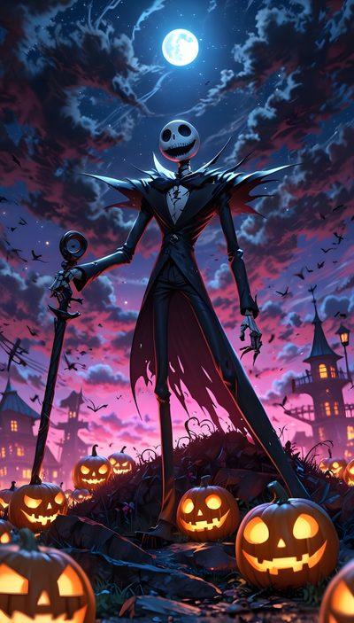 a skeleton standing on top of a hill next to pumpkins Happy Halloween Jack Skellington Halloween Nightmare, Jack Skellington Pumpkin King, Jack Skellington Halloween Background, dark slate gray