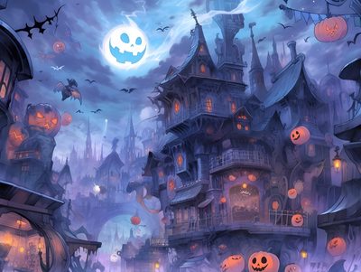 an image of a halloween town with pumpkins Halloween Village For Pc The Real World, Spooky Places, Halloween Village Digital Art, dark slate blue