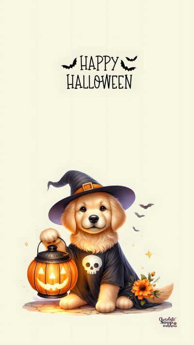 a dog wearing a witches hat and holding a pumpkin Dog Halloween Iphone Cute Halloween Puppy, Golden Retriever Halloween, Cute Halloween Puppy Backgrounds, beige