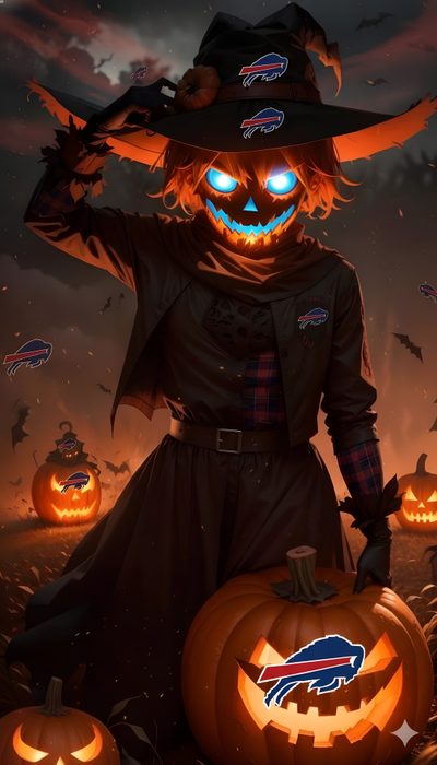 a person in a pumpkin costume holding a jack - o'- lantern with the buffalo bills logo on it Nfl Halloween Halloween, Buffalo Bills, Denver Broncos Halloween, Buffalo Bills Logo Jack-o'-lantern, black