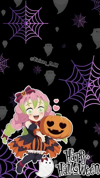 an anime character holding a pumpkin in front of a black background with spider webs Mitsuri Halloween Demon Slayer, Halloween, Movie Posters, Film Posters, black