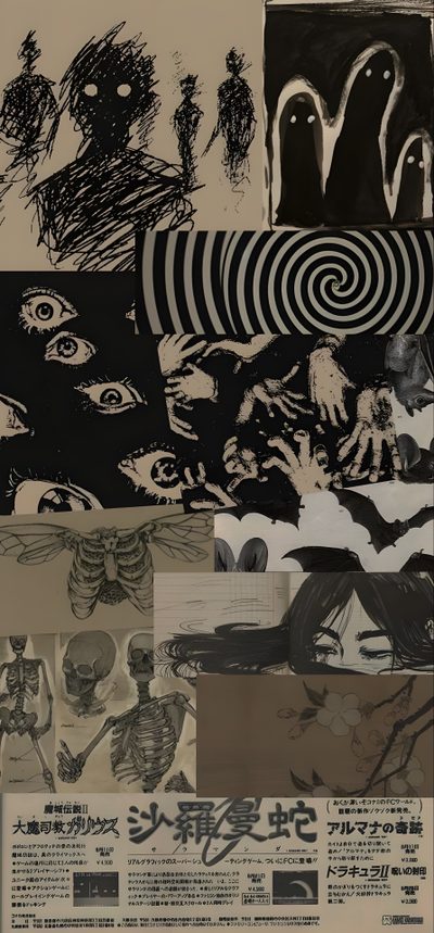 collage of various images with black and white inks on paper, including an image of Lockscreen Grunge Edgy Aesthetic Halloween Nghệ Thuật Kinh Dị, Goth, Edgy, dark olive green